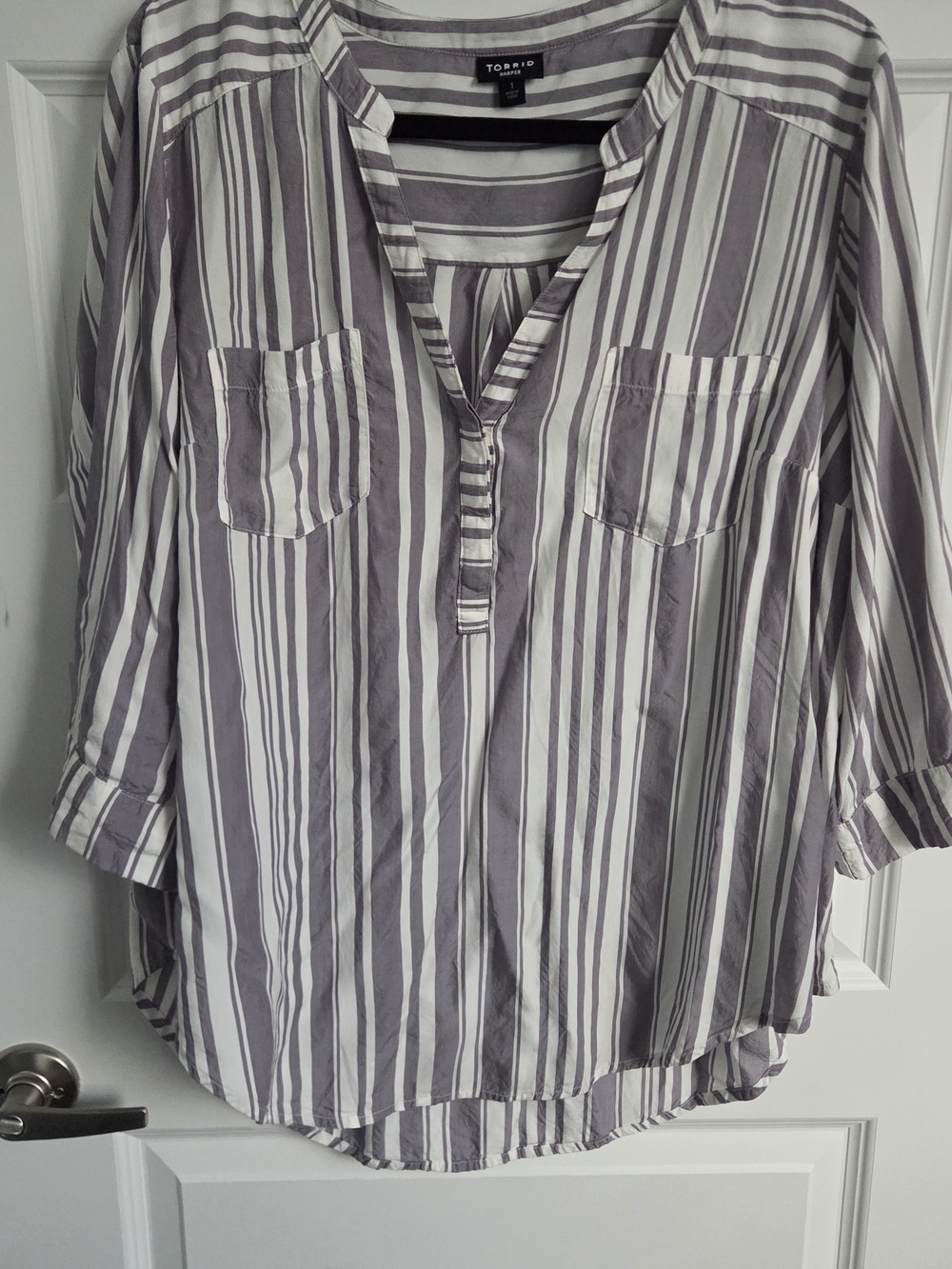 Torrid Striped Notch-Neck Blouse in Light Gray and White